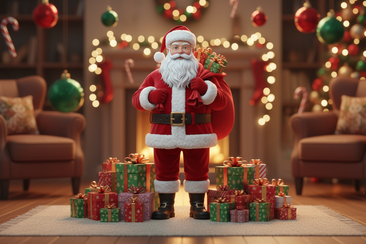 mikolaj z prezentami oraz ozdobami w tle 3d